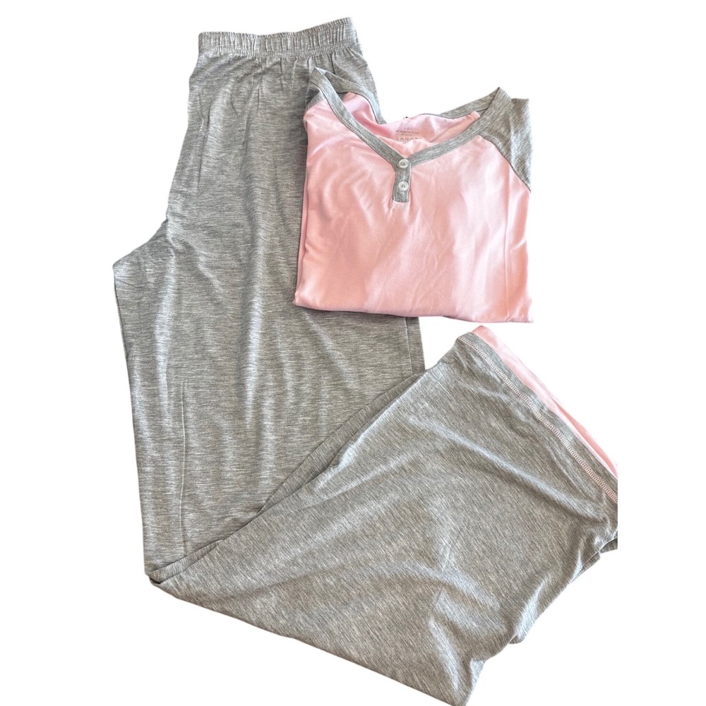 NACHILA Women Bamboo Pajama Set Pink Grey Henley Long Sleeve Wide Leg Pants S